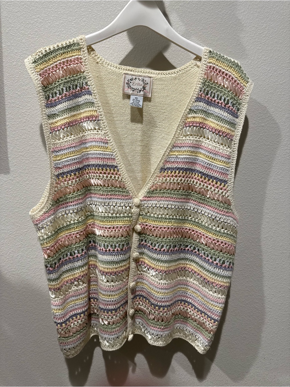 Crochet Knit Button Vest in Pastel Multicolor with lace details
